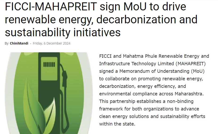 News on MoU signing between FICCI and MAHAPREIT to Drive Renewable Energy  Decarbonization and Sustainability Initiatives