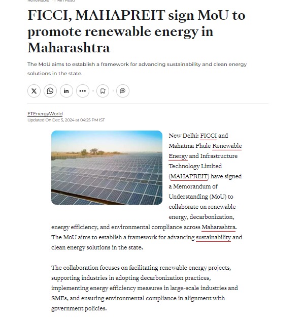 News on MoU signing between FICCI and MAHAPREIT to promote Renewable Energy ET Energy World