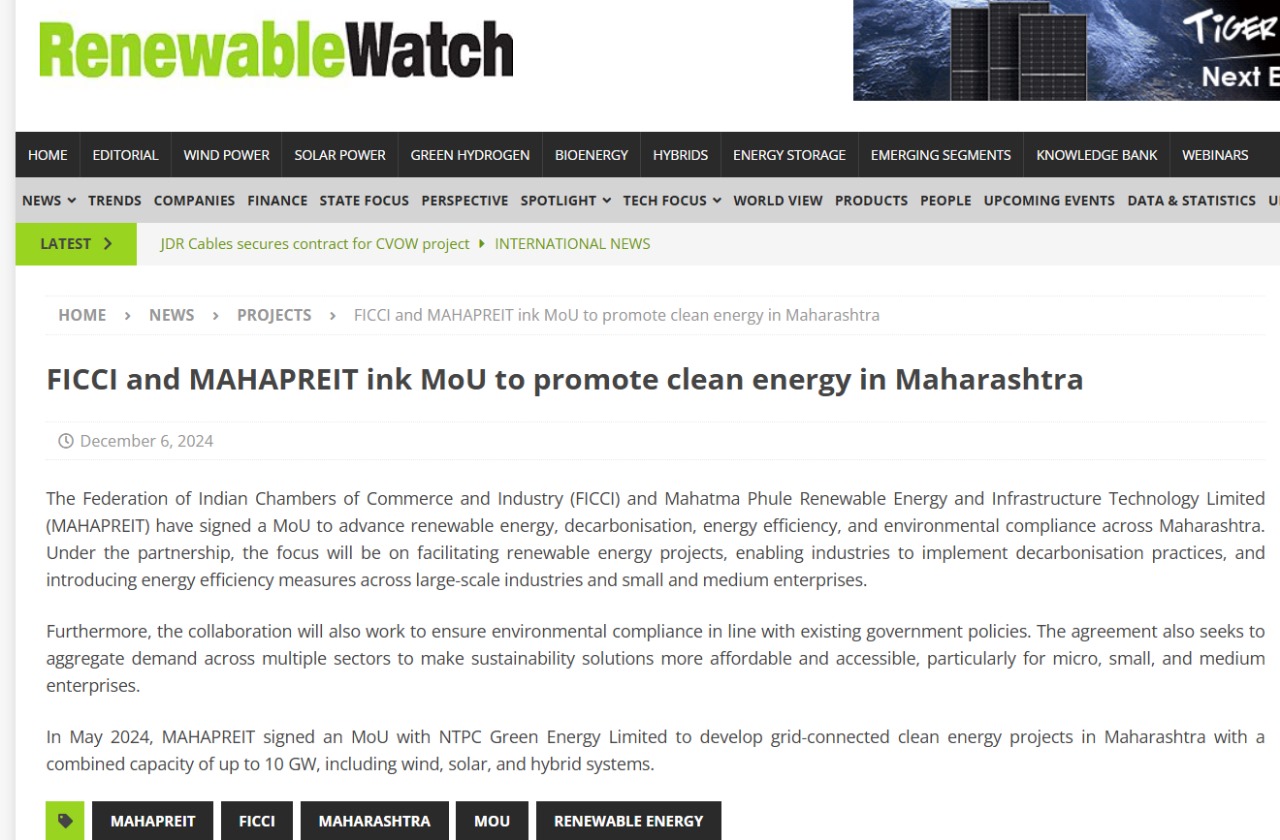 News on MoU signing between FICCI and MAHAPREIT to promote Renewable Energy  Renewable Watch