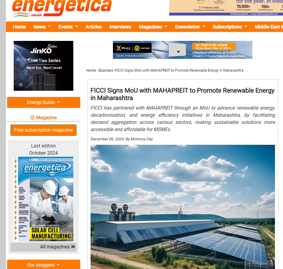 News on MoU signing between FICCI and MAHAPREIT to promote Renewable Energy Energetica